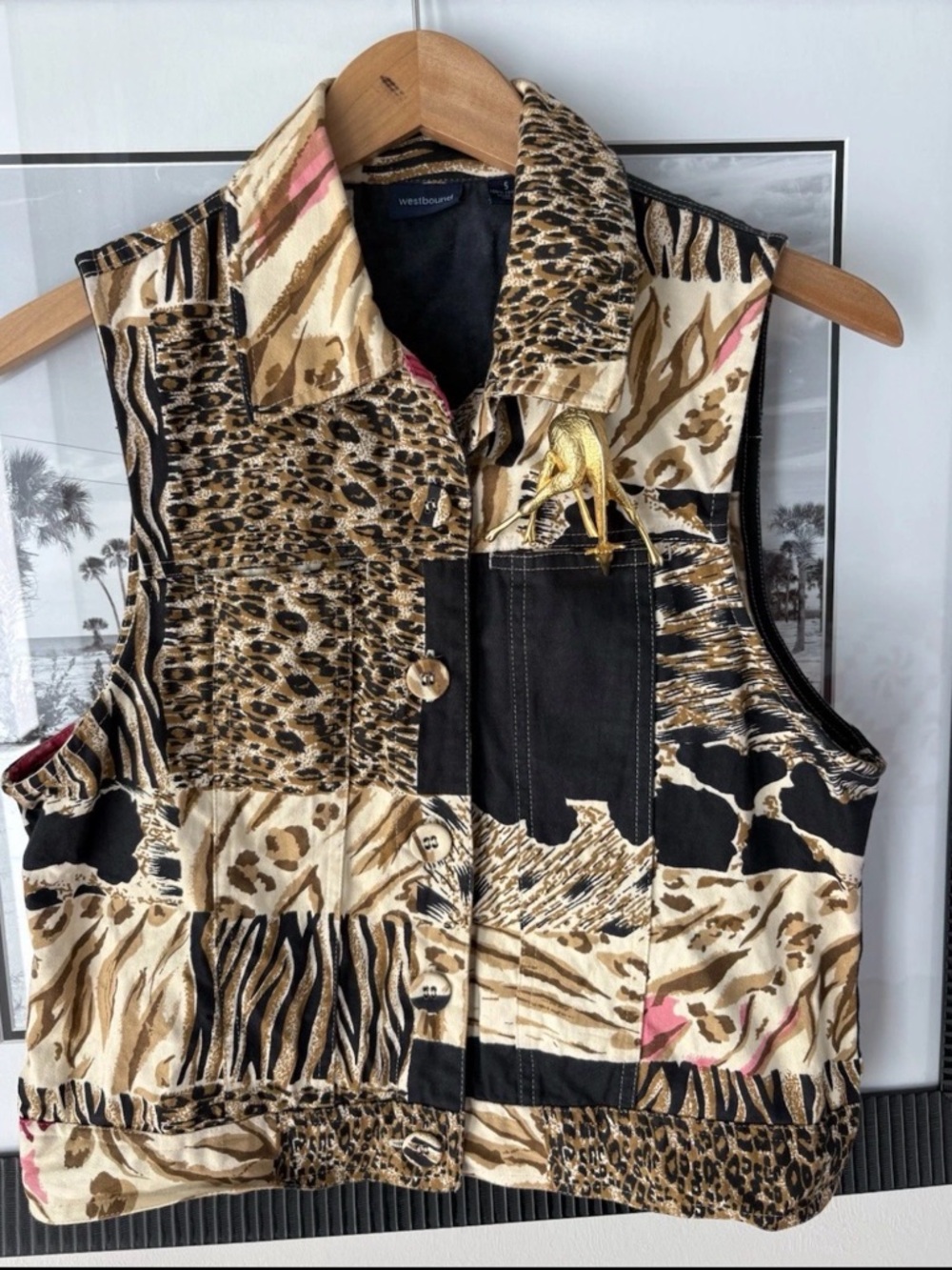 Vintage Westbound Animal Print Patchwork Vest Safari Giraffe Brooch Sz S - Picture 2 of 8